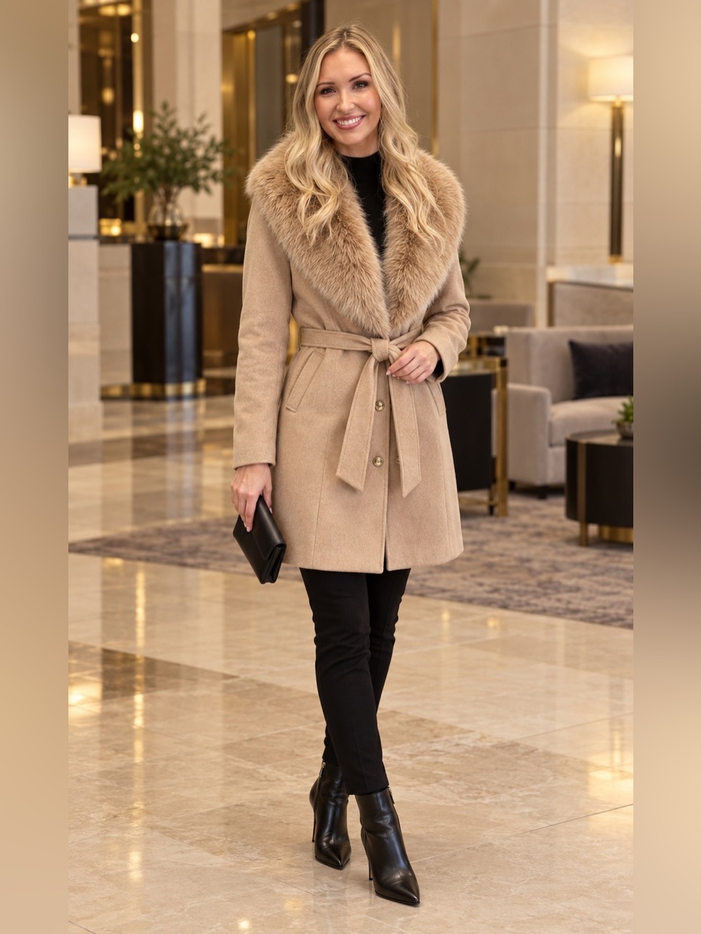 GUESS Eve Belted Coat – Removable Faux Fur Collar – Large – NWT
